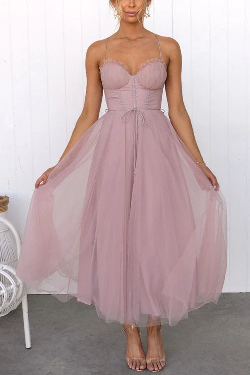 Women's Corset Midi Dress With Tulle Skirt & Spaghetti Straps
