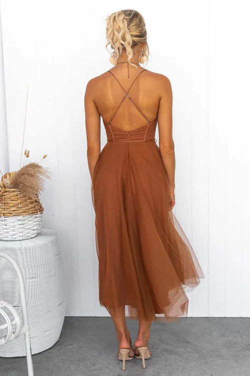 Women's Corset Midi Dress With Tulle Skirt & Spaghetti Straps