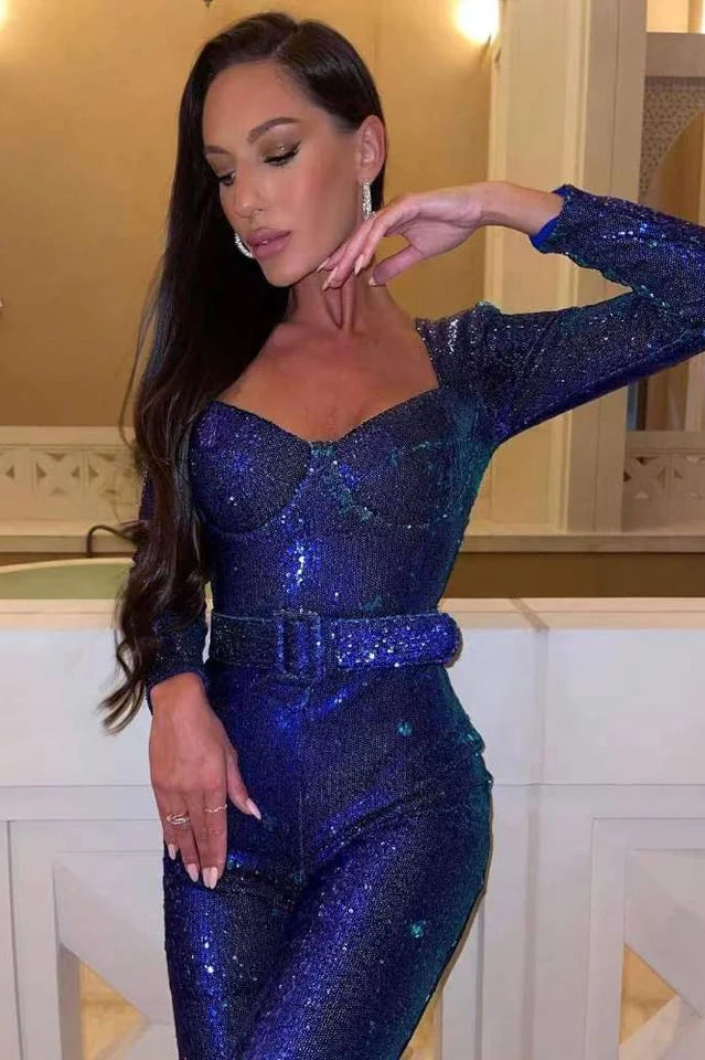 WOMEN'S SEQUIN BELTED EVENING JUMPSUIT WITH LONG SLEEVES