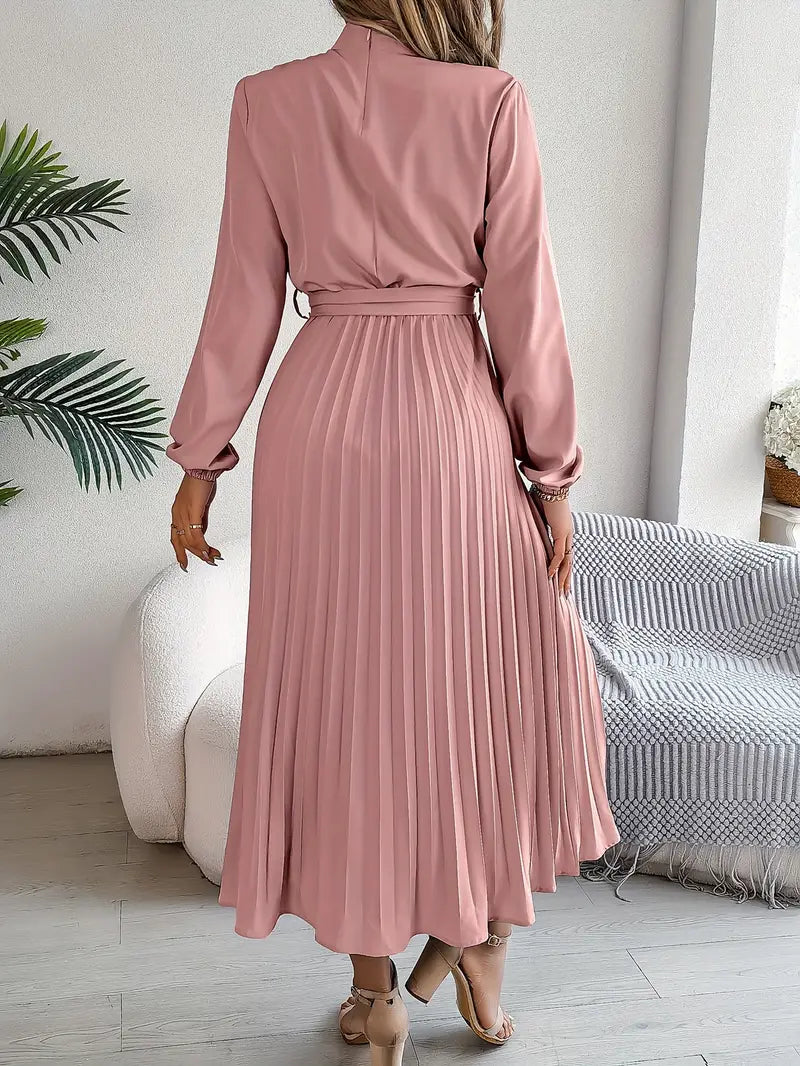 Women's Pleated Midi Dress With Long Sleeves And Belted Waist
