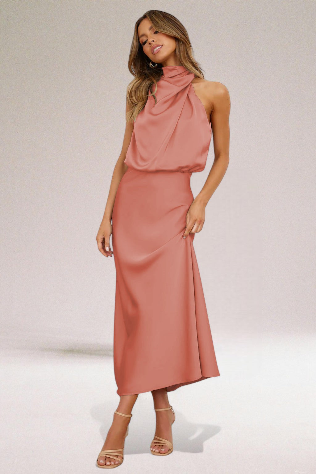 Women's Satin Maxi Dress With Halter Neckline