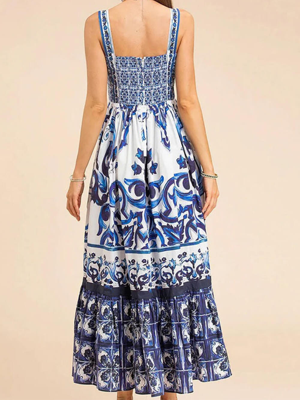 WOMEN'S PRINTED MIDI DRESS WITH SQUARE NECK AND SPAGHETTI STRAPS
