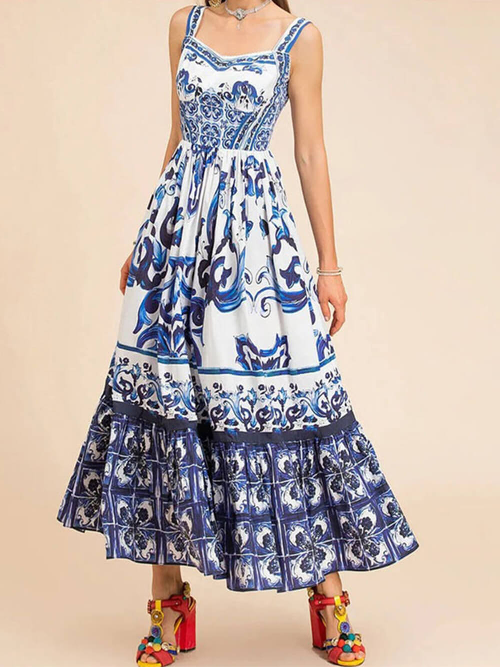 WOMEN'S PRINTED MIDI DRESS WITH SQUARE NECK AND SPAGHETTI STRAPS
