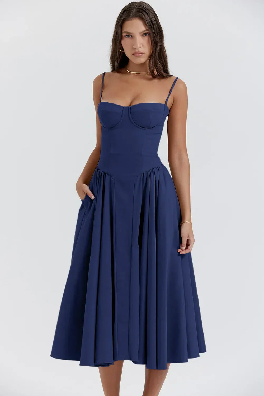 Women's Summer Midi Dress With Strapless Neckline & Pleated Skirt