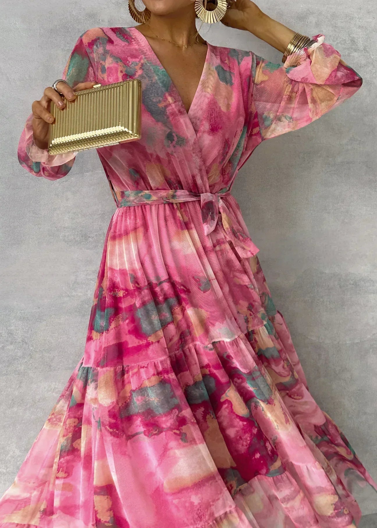 Women's Summer Floral Wrap Dress with Belt & Long Sleeves