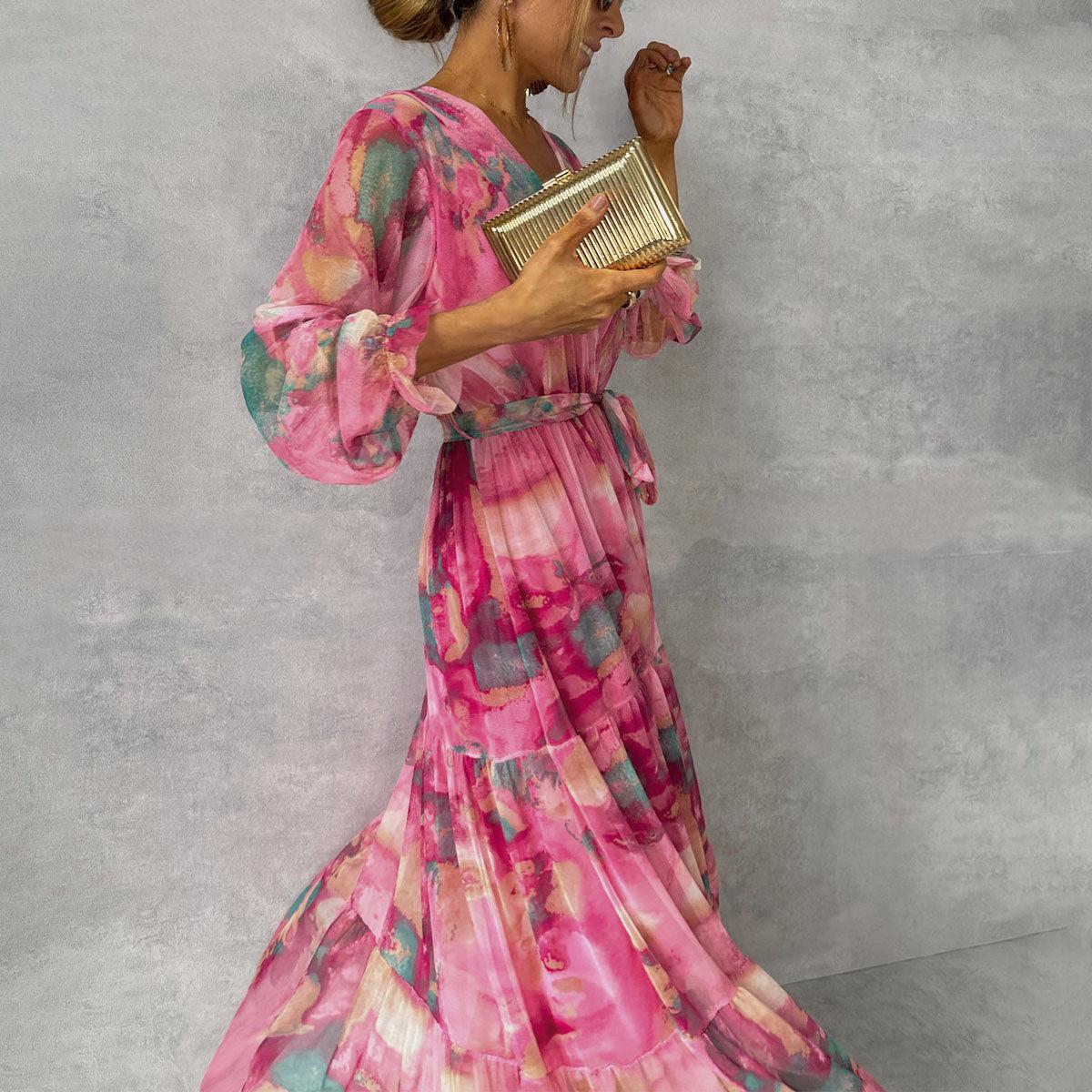 Women's Summer Floral Wrap Dress with Belt & Long Sleeves