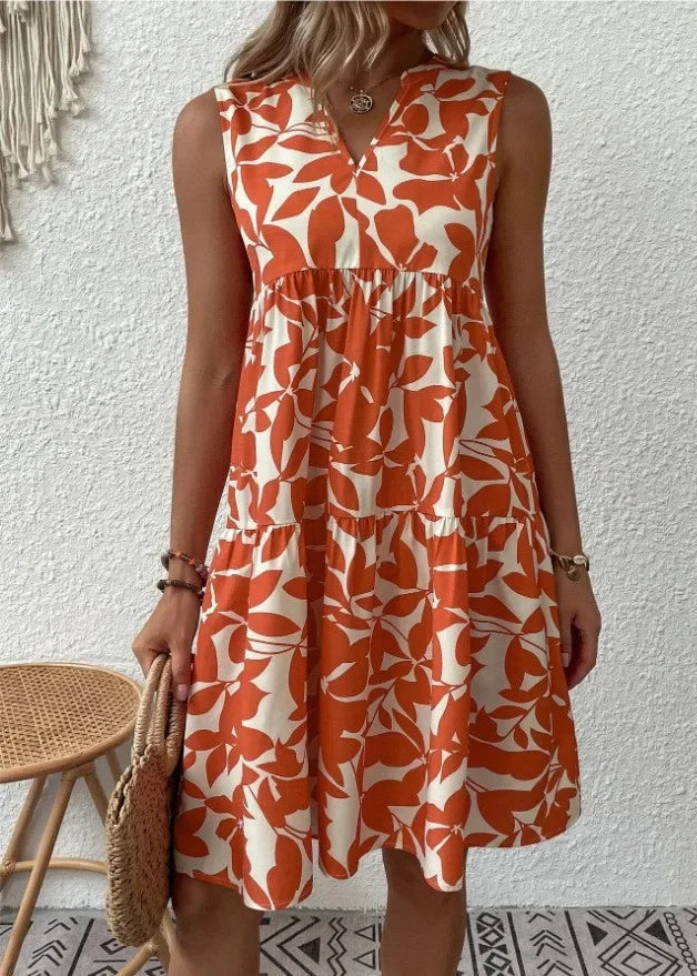 Women's Sleeveless Floral Summer Mini Dress With V-neck