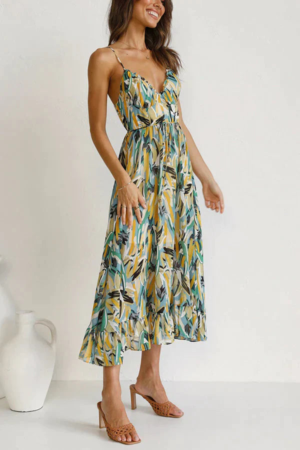 WOMEN'S MIDI SUMMER DRESS – LIGHTWEIGHT CHIFFON, RELAXED FIT, V-NECK WITH PRINT