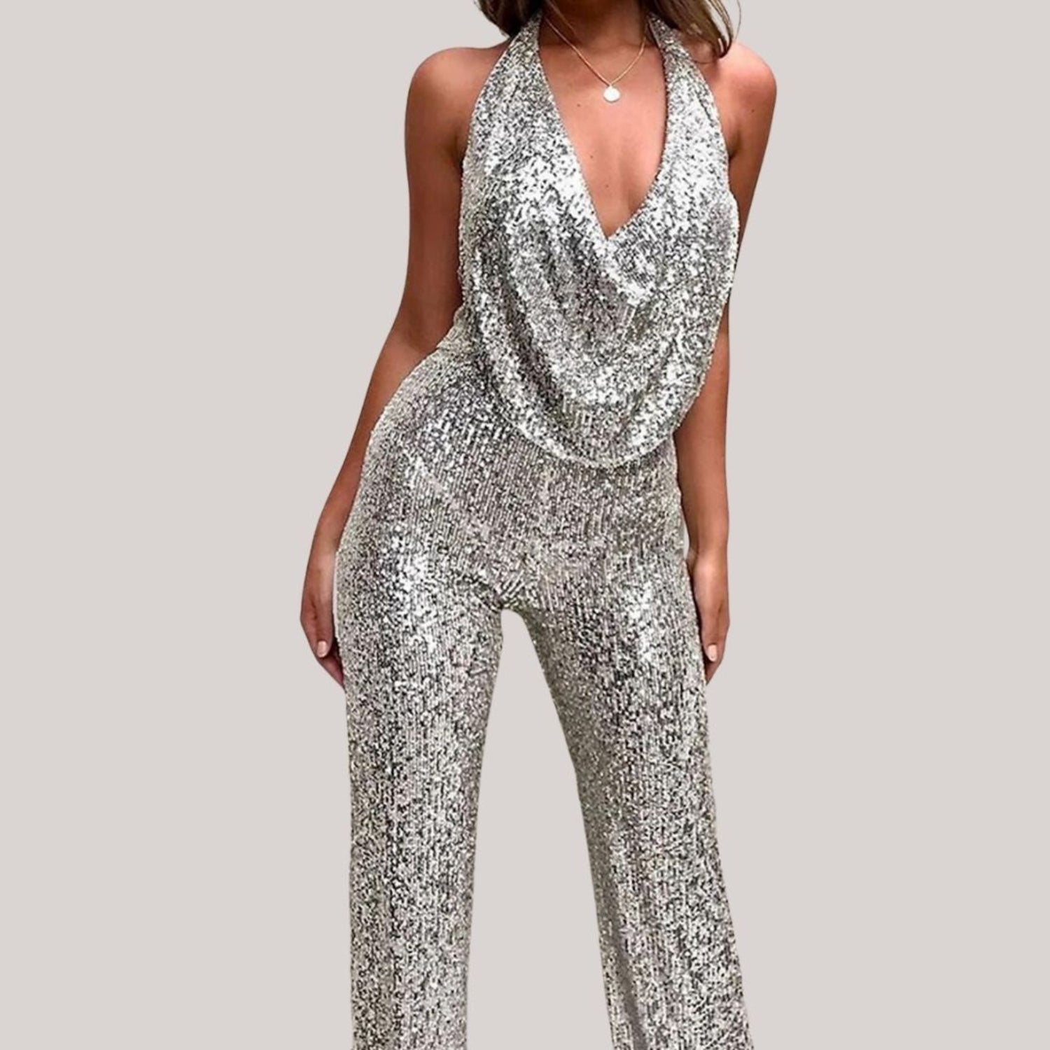 WOMEN'S SEQUIN WIDE LEG JUMPSUIT WITH HALTER NECK