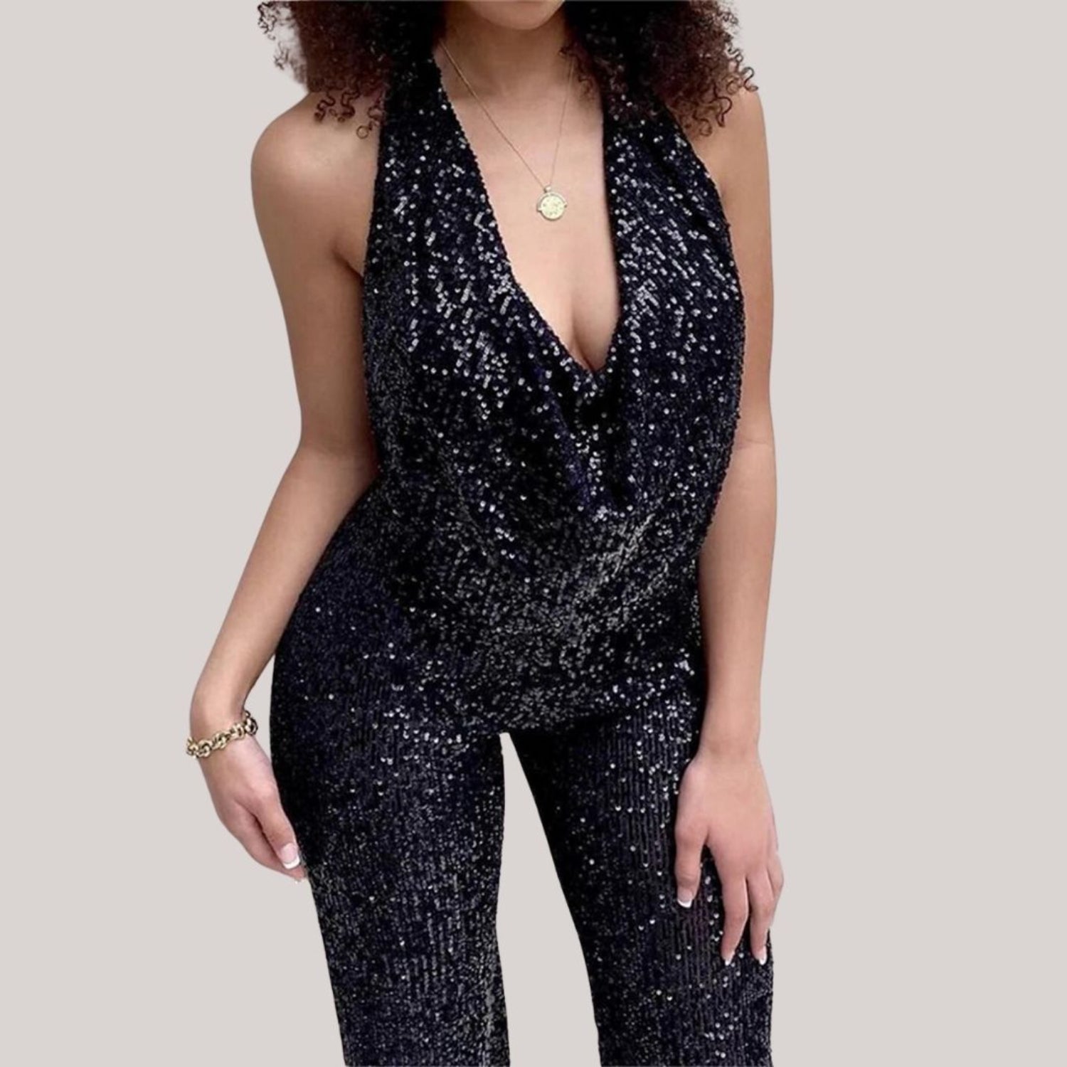 WOMEN'S SEQUIN WIDE LEG JUMPSUIT WITH HALTER NECK