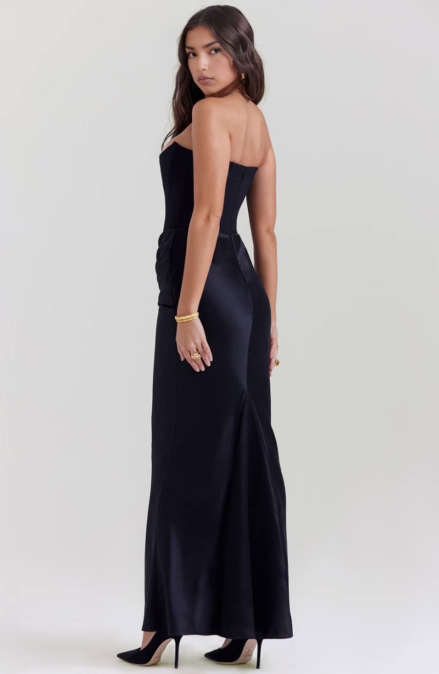 STRAPLESS CORSET SATIN WEDDING GUEST MAXI DRESS