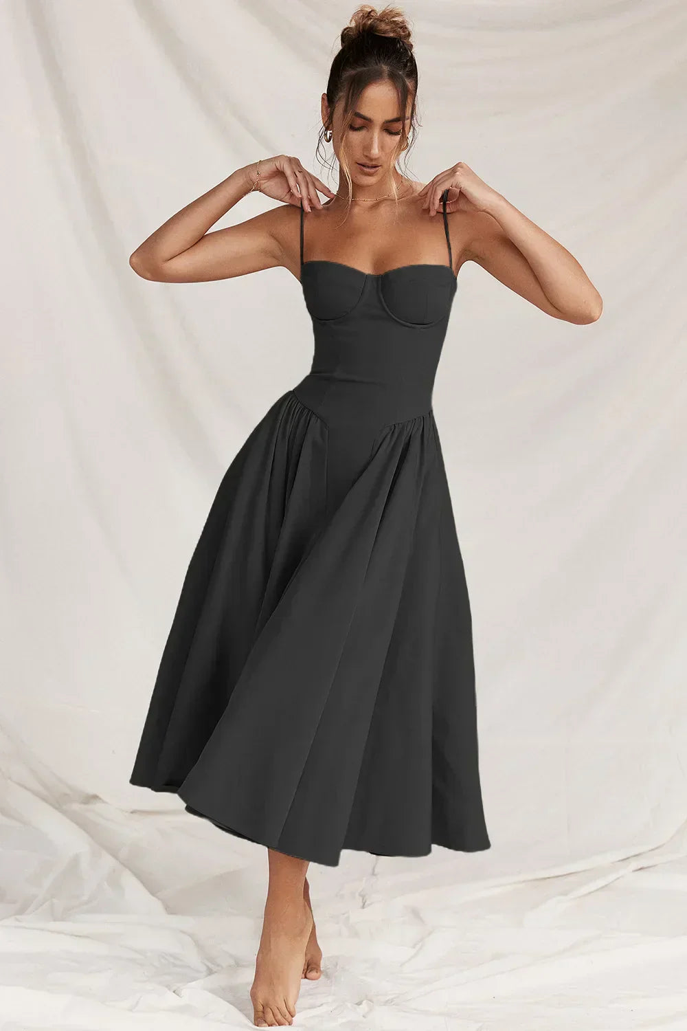 Women's Summer Midi Dress With Strapless Neckline & Pleated Skirt