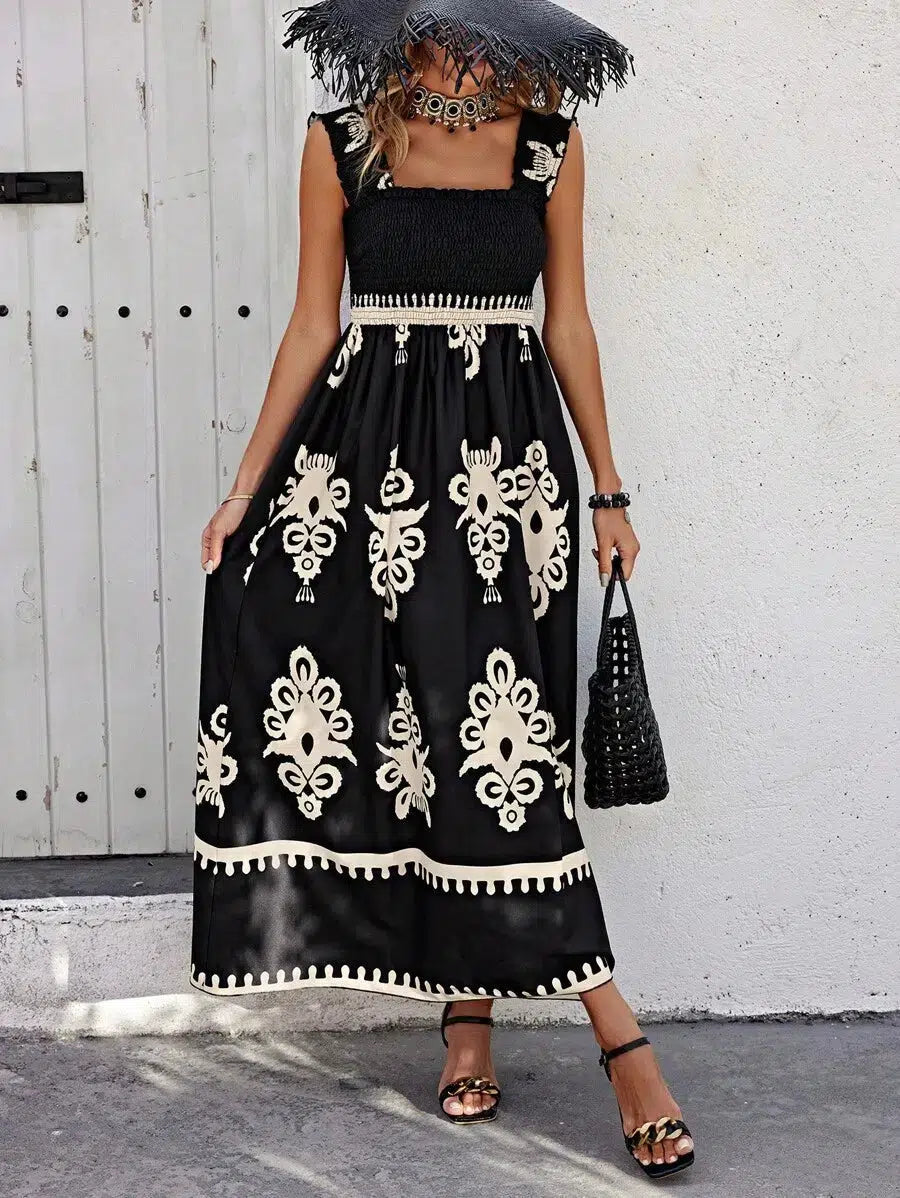 WOMEN'S BOHO MAXI DRESS WITH SQUARE NECK AND SLEEVELESS