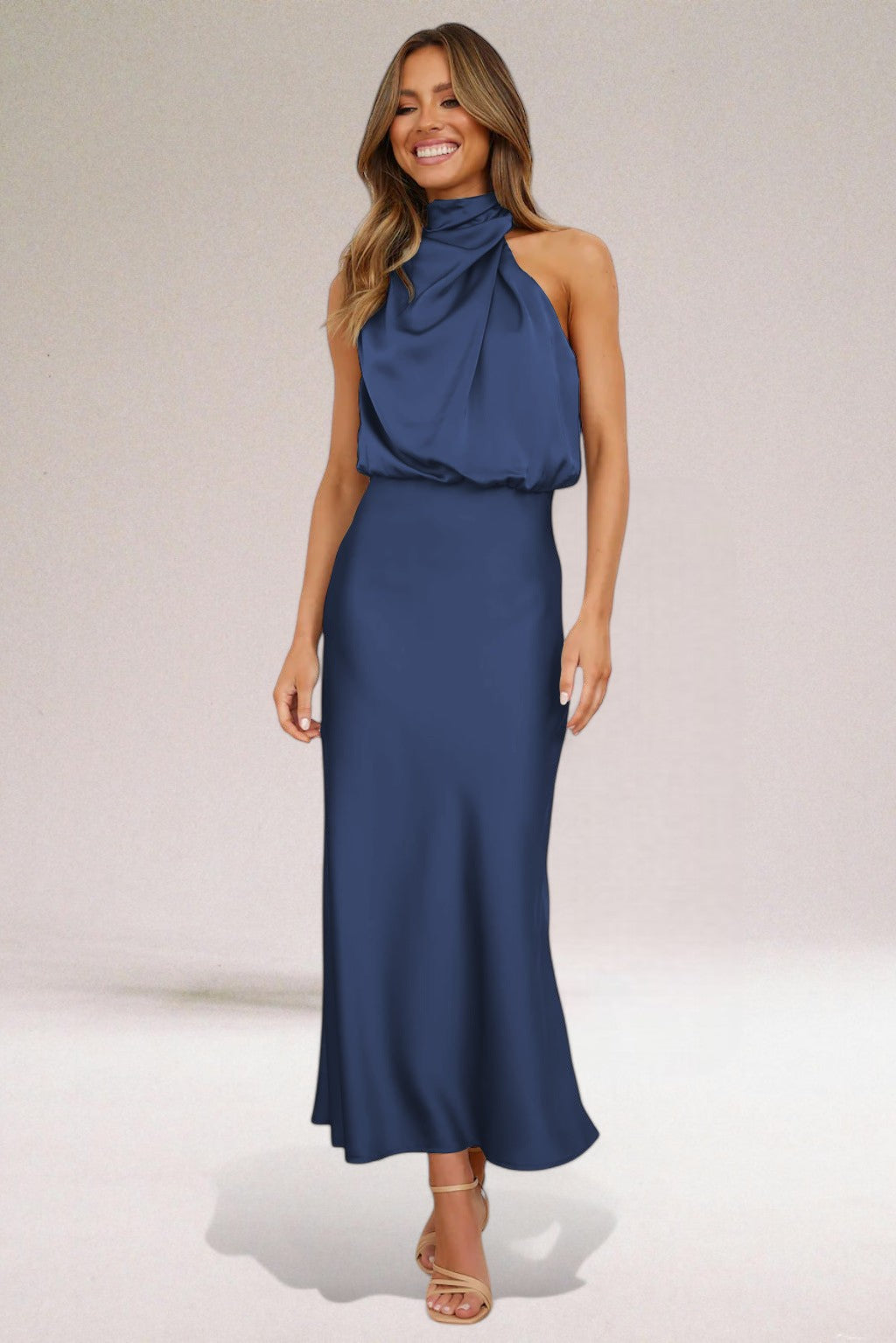 Women's Satin Maxi Dress With Halter Neckline