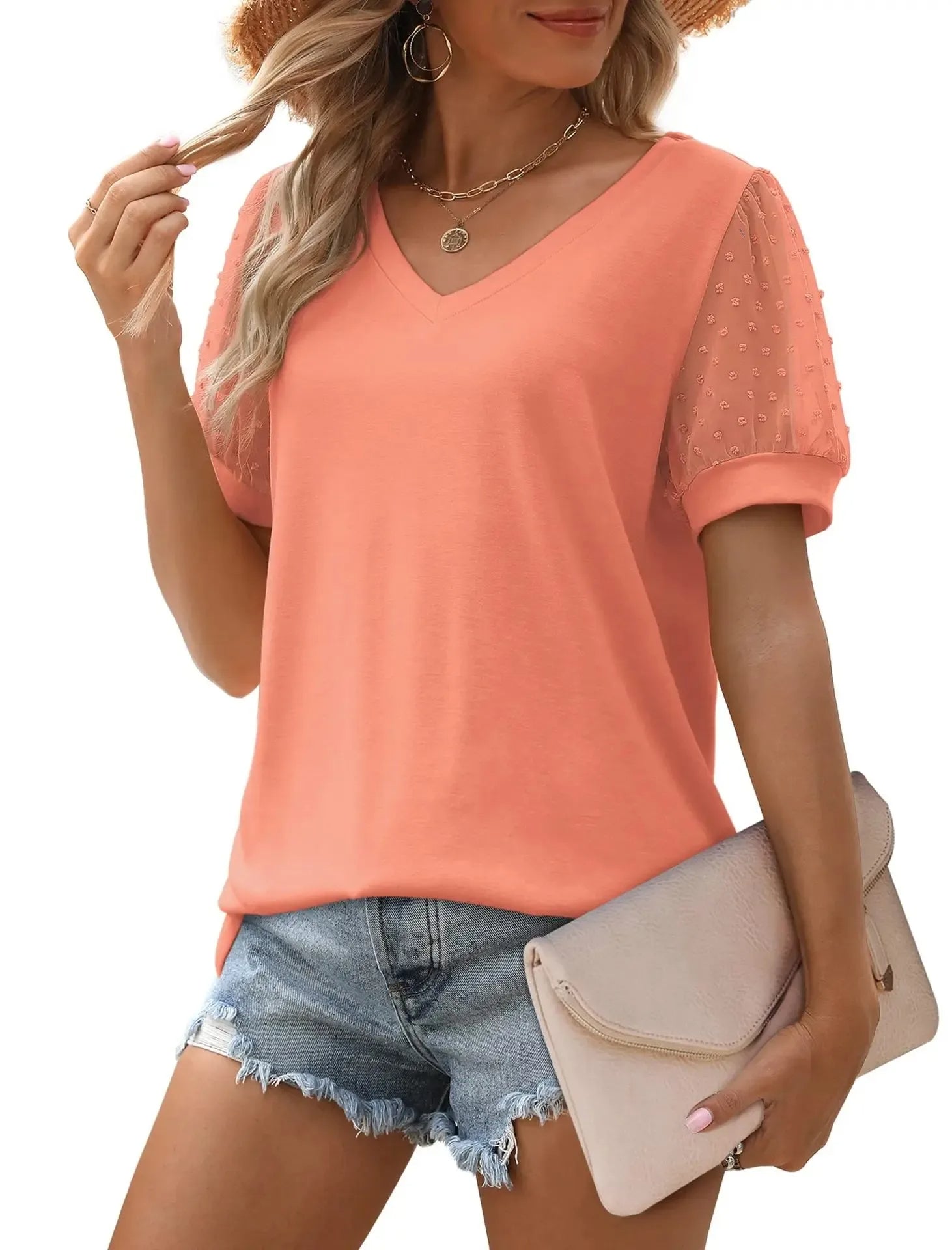 Women's Elegant V-neck Blouse With Sheer Puff Sleeves
