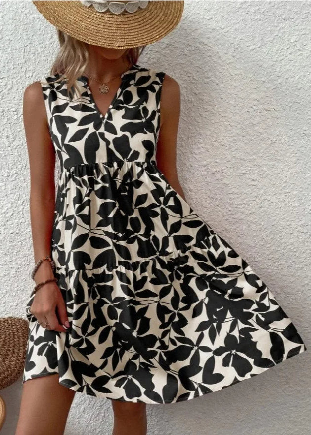 Women's Sleeveless Floral Summer Mini Dress With V-neck
