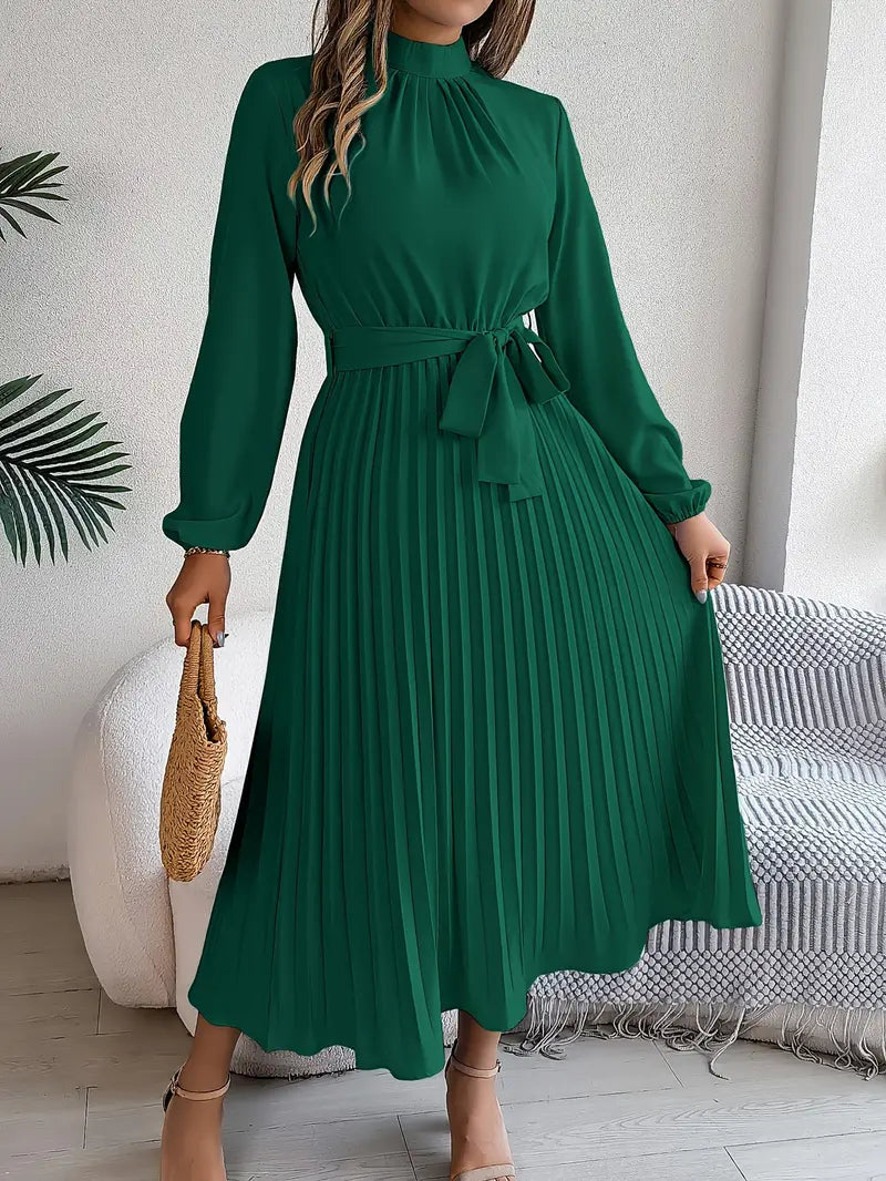 Women's Pleated Midi Dress With Long Sleeves And Belted Waist