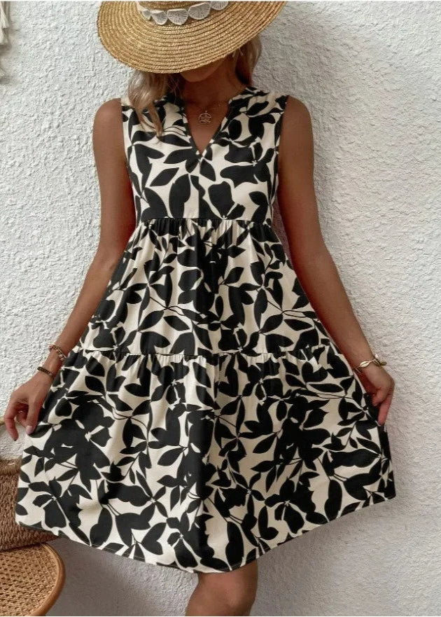 Women's Sleeveless Floral Summer Mini Dress With V-neck