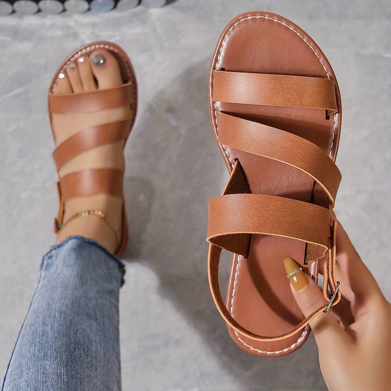 Women's Summer Leather Flat Sandals with Three Straps Style