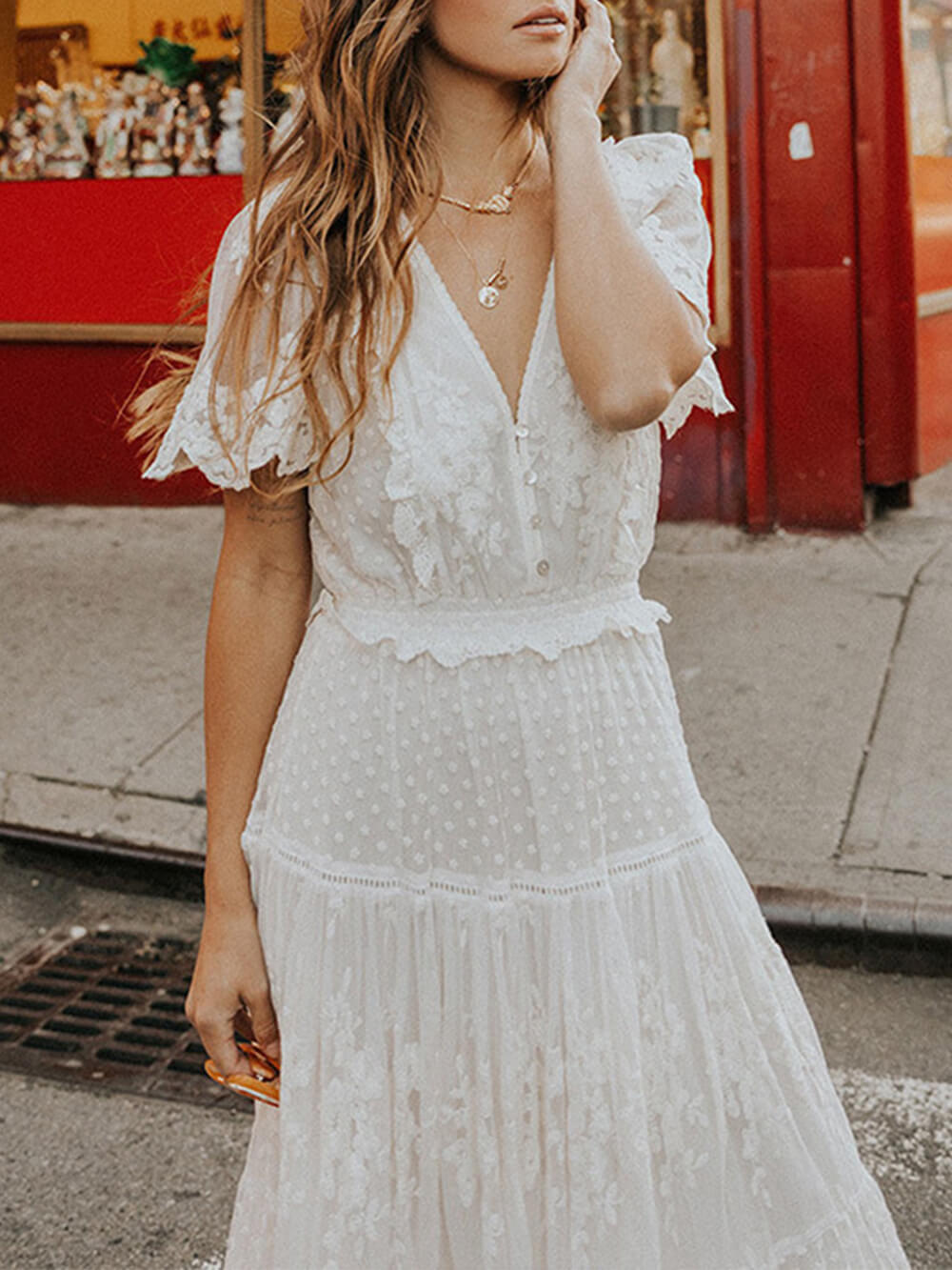 Women's Lace Maxi Dress With V-neck And Buttons