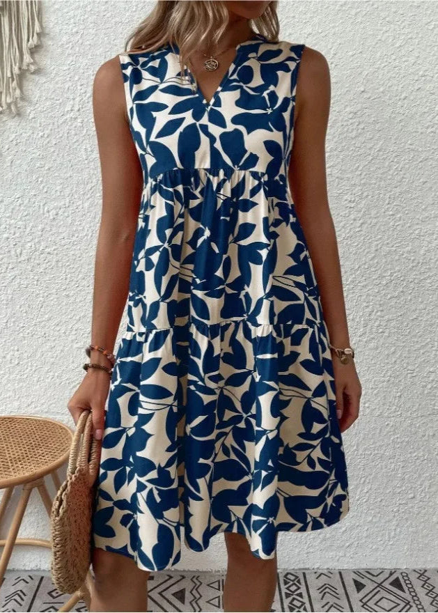 Women's Sleeveless Floral Summer Mini Dress With V-neck