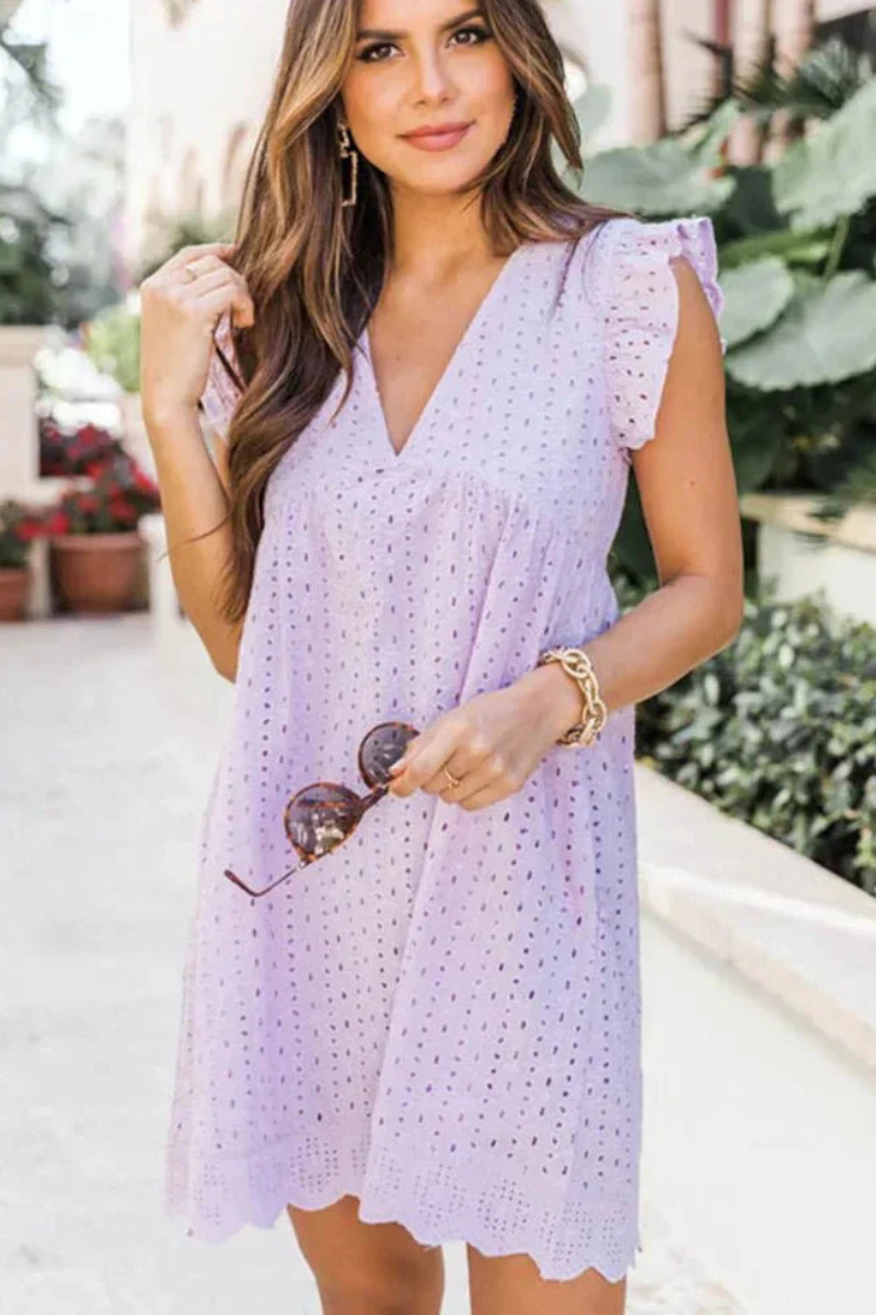 Women's Summer Eyelet Mini Dress With V-neck And Sleeveless Cut