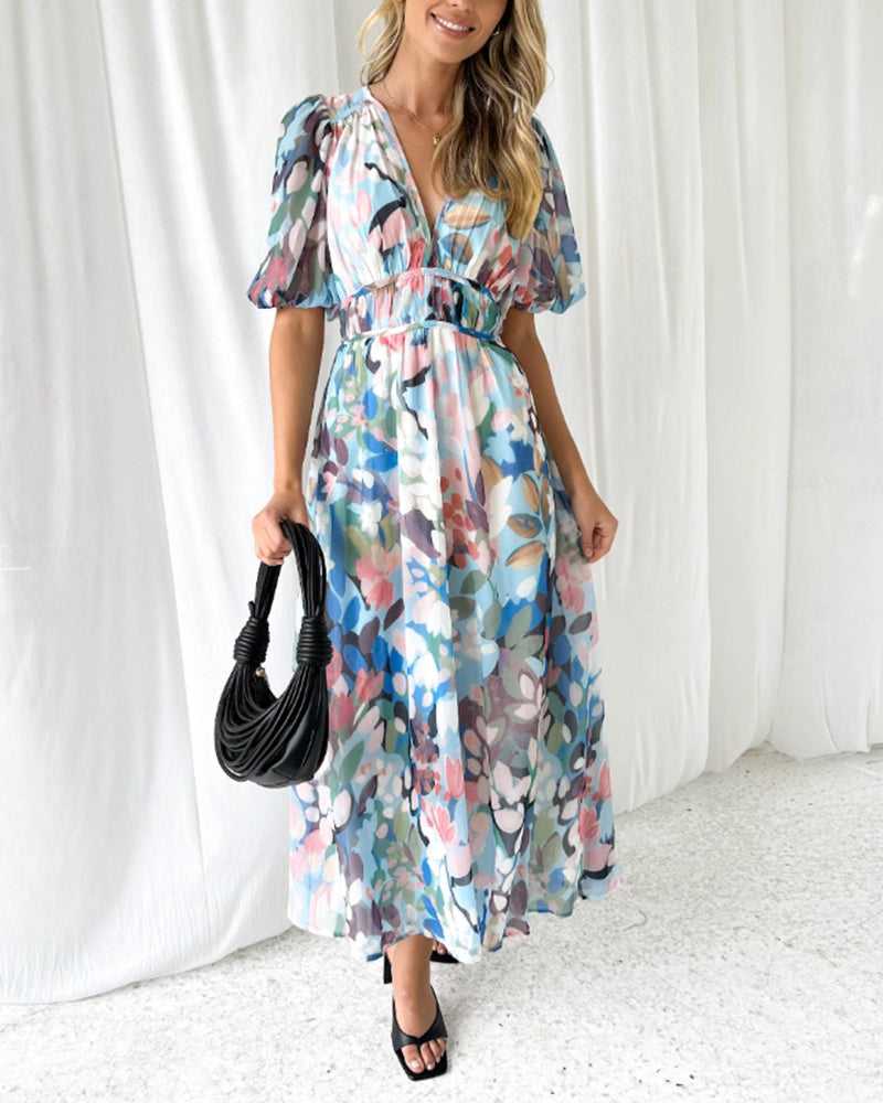 Midi Floral Dress with V-Neck and Long Sleeves