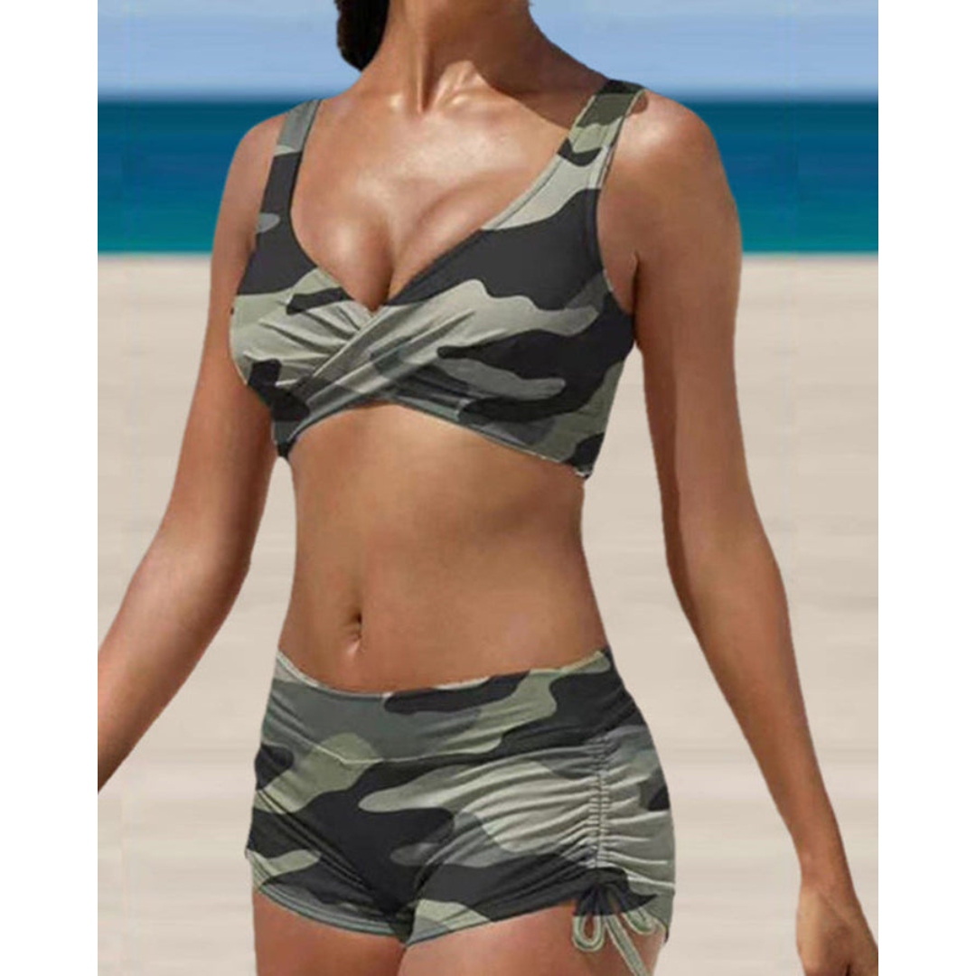Women's Two-piece Bikini Set With Crossed Top And Ruched Shorts