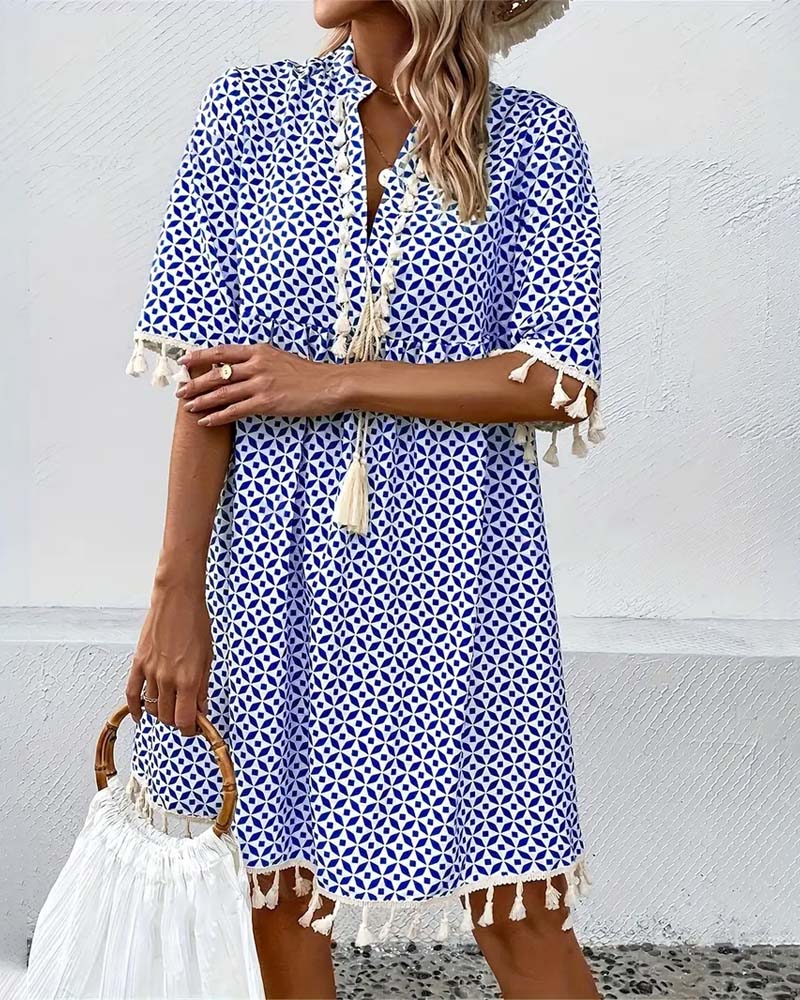 Women's Summer Printed Mini Dress with Tassels & Short Sleeves