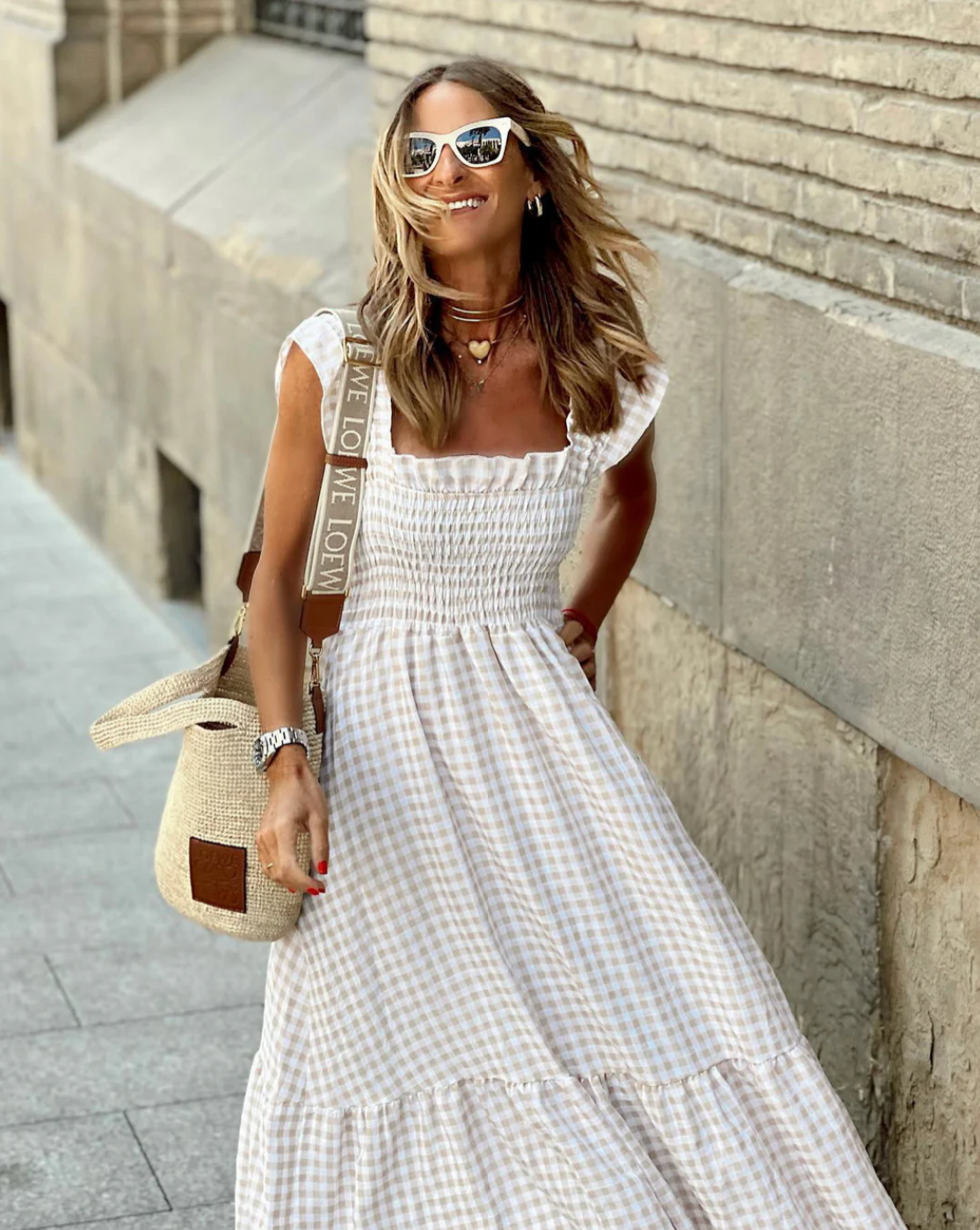 Women's Gingham Maxi Dress With Smocked Bodice & Ruffle Sleeves