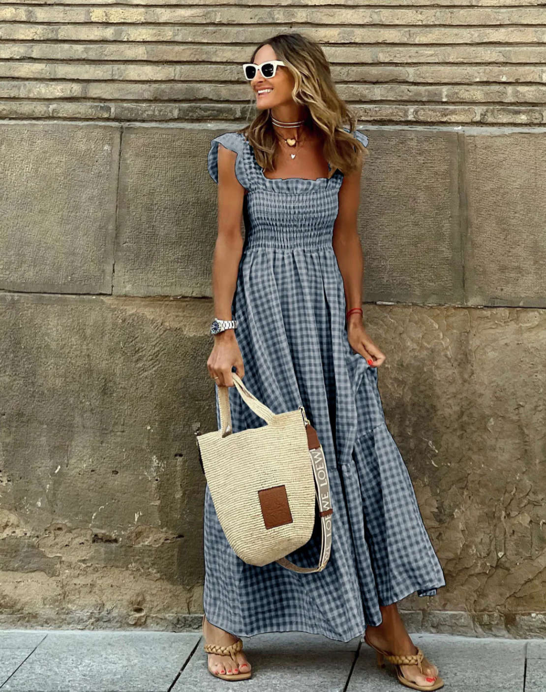 Women's Gingham Maxi Dress With Smocked Bodice & Ruffle Sleeves