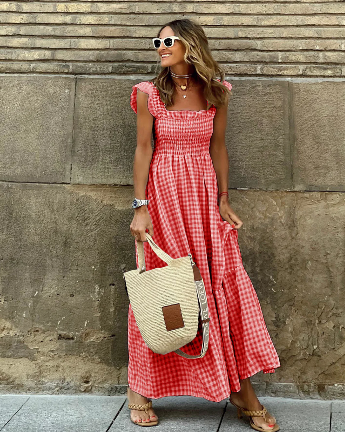 Women's Gingham Maxi Dress With Smocked Bodice & Ruffle Sleeves