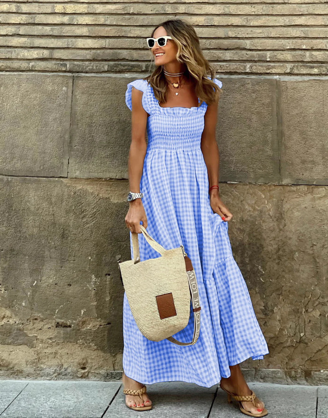Women's Gingham Maxi Dress With Smocked Bodice & Ruffle Sleeves