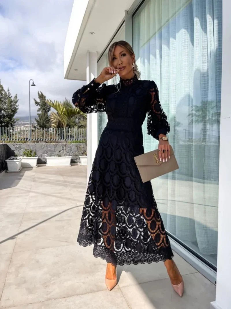Women's Lace Midi Dress With High Neck & Puff Sleeves