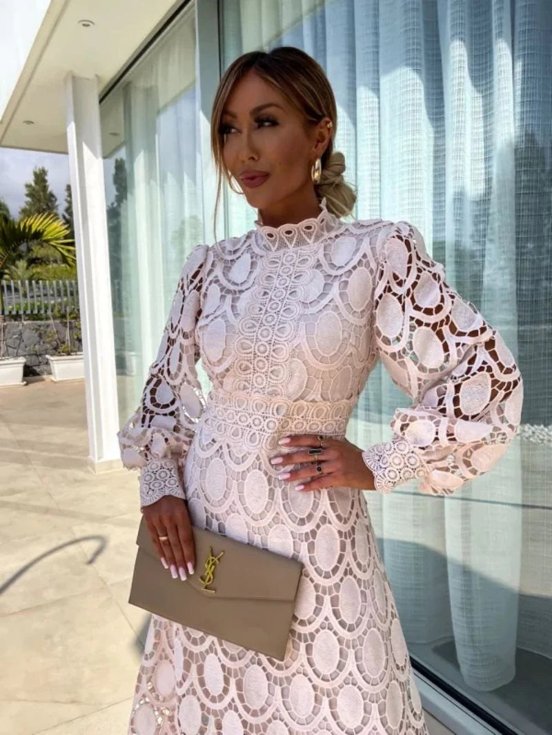 Women's Lace Midi Dress With High Neck & Puff Sleeves