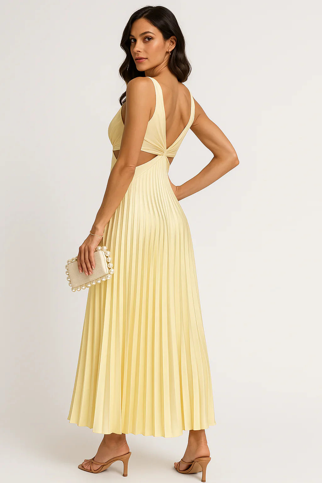 Women's Elegant Pleated Midi Dress With V-neck And Cut-out Waist