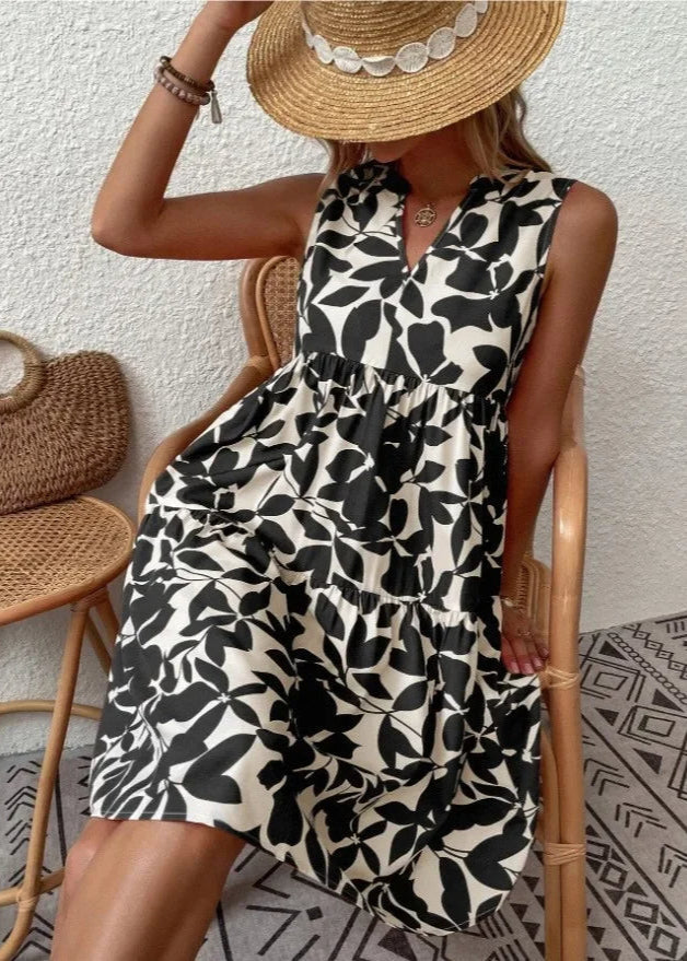 Women's Sleeveless Floral Summer Mini Dress With V-neck