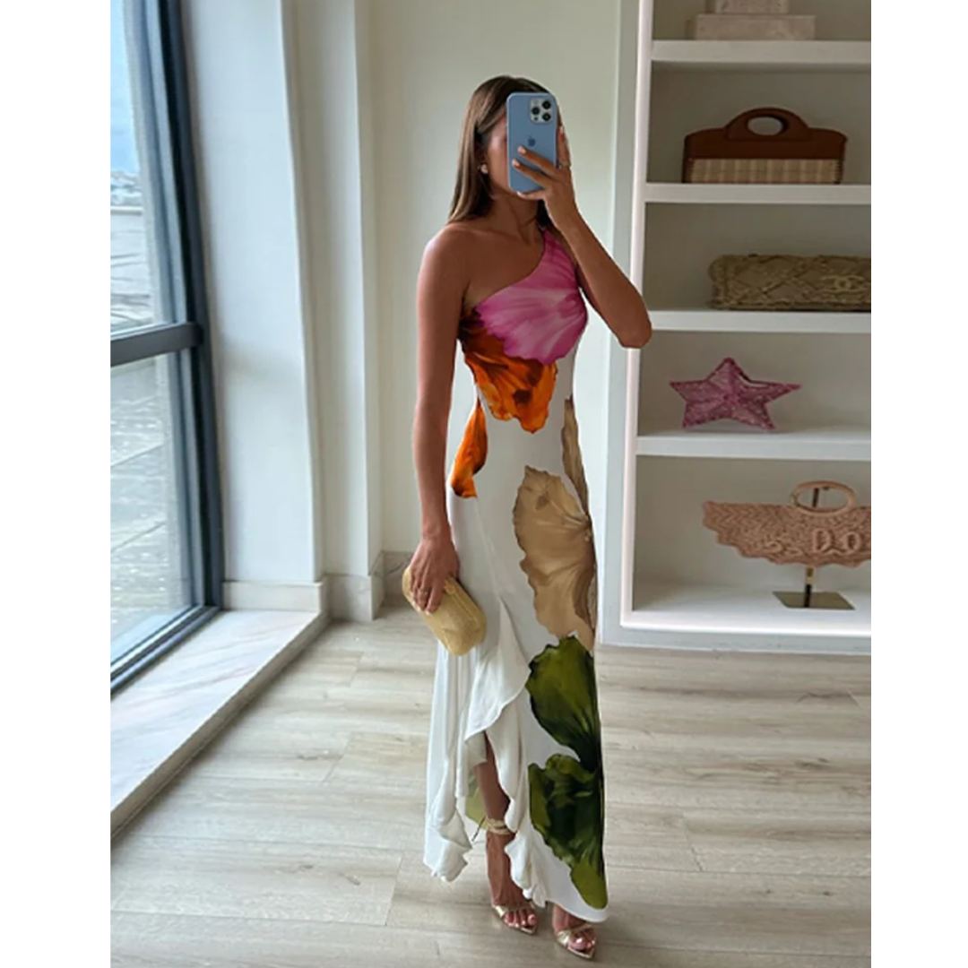 Women's Floral One-shoulder Maxi Dress With Draped Detail