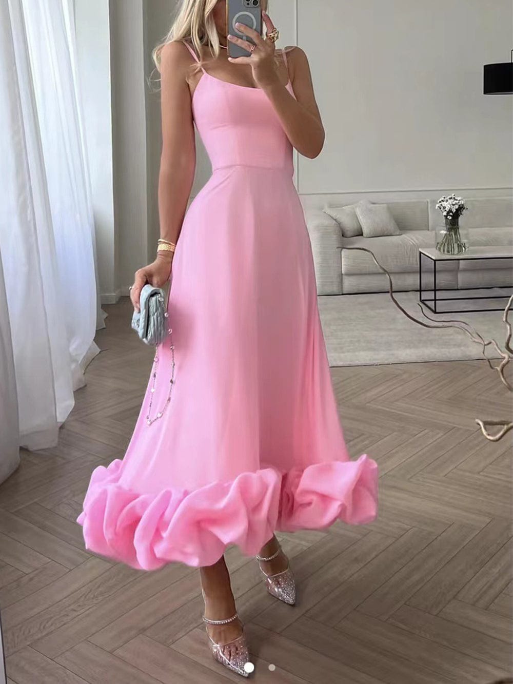 Women's Formal Midi Dress With Spaghetti Straps & Ruffled Hem