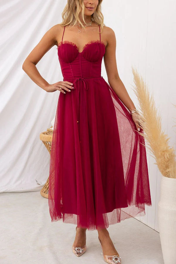 Women's Corset Midi Dress With Tulle Skirt & Spaghetti Straps