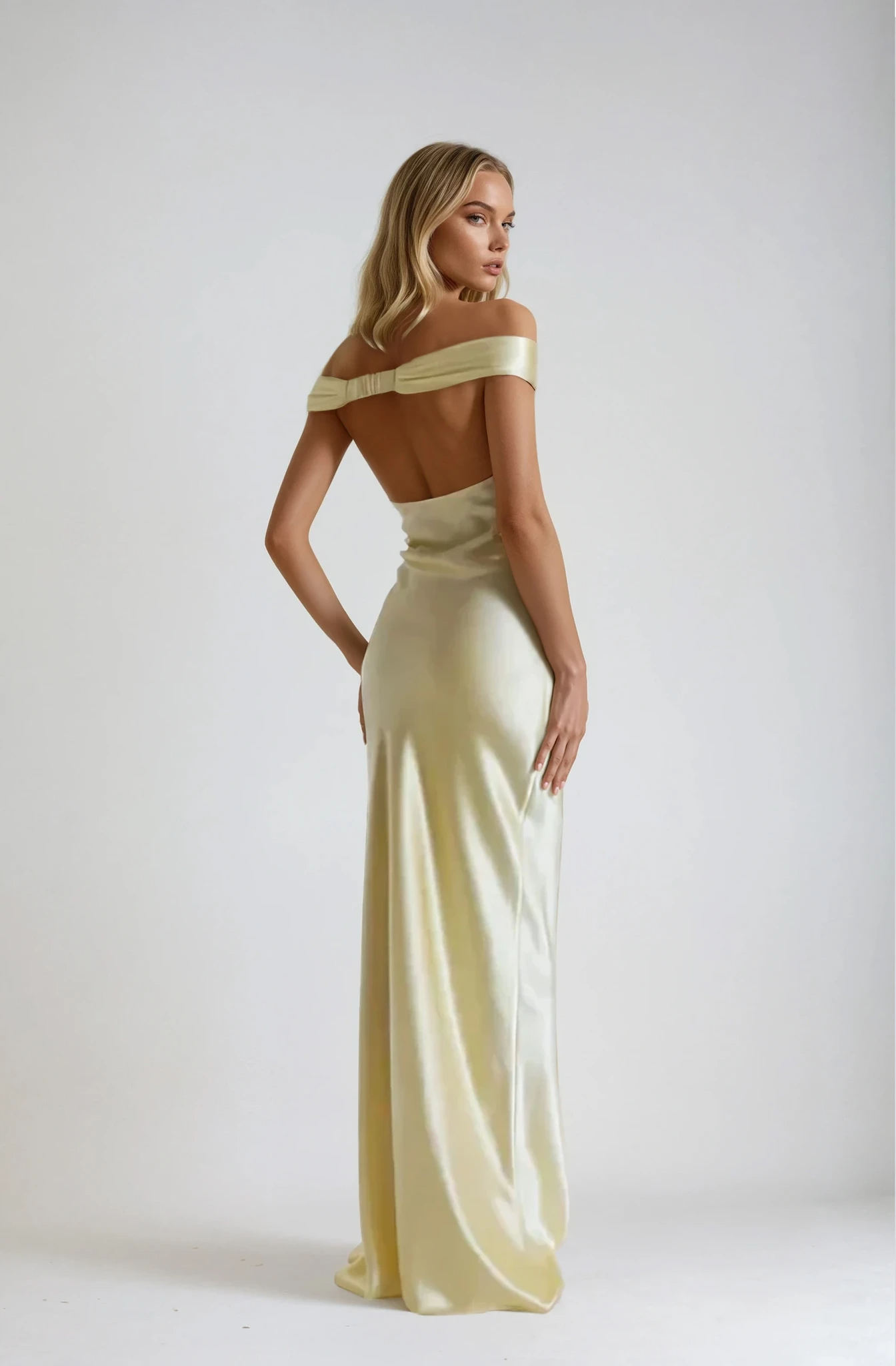 OFF-SHOULDER SATIN WEDDING GUEST MAXI DRESS WITH OPEN BACK