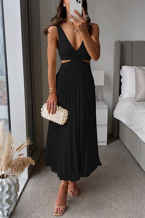 PLISSÉ POLYESTER MIDI DRESS
