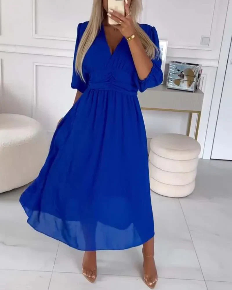 Women's Summer Midi Dress With V-neck & Puff Sleeves