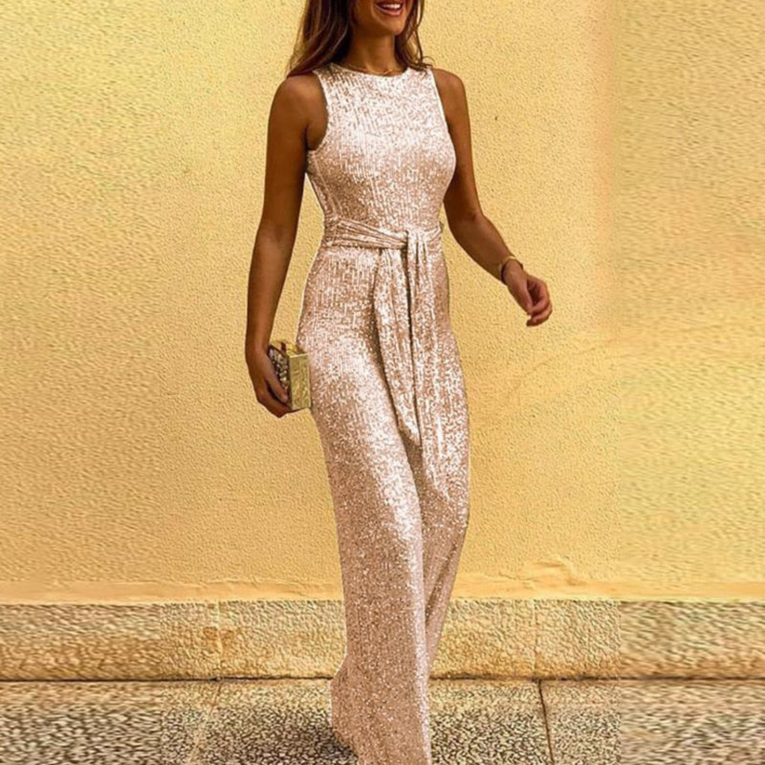 WOMEN'S SEQUIN SLEEVELESS JUMPSUIT WITH TIE WAIST