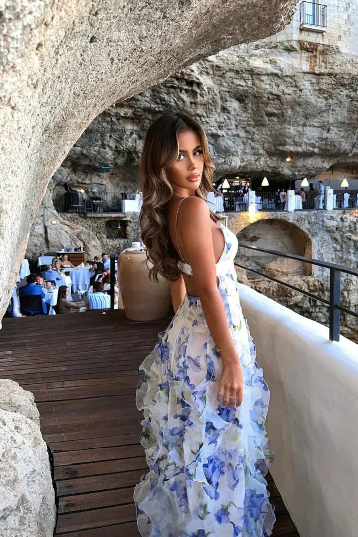 Women's Floral Maxi Dress With Deep V-neck & Sleeveless Design