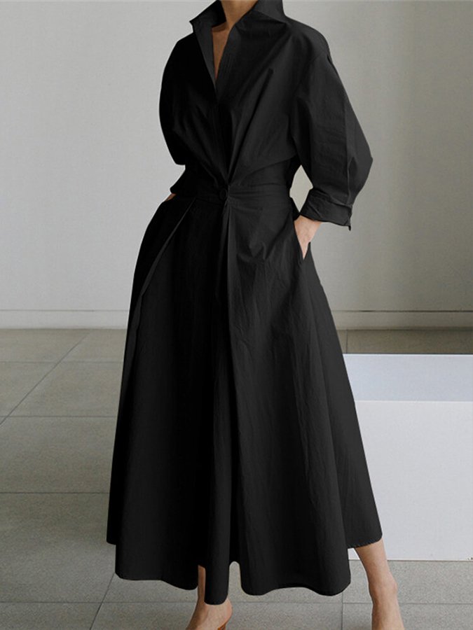 Women's Long Sleeve Shirt Dress With Collar And Tied Waist
