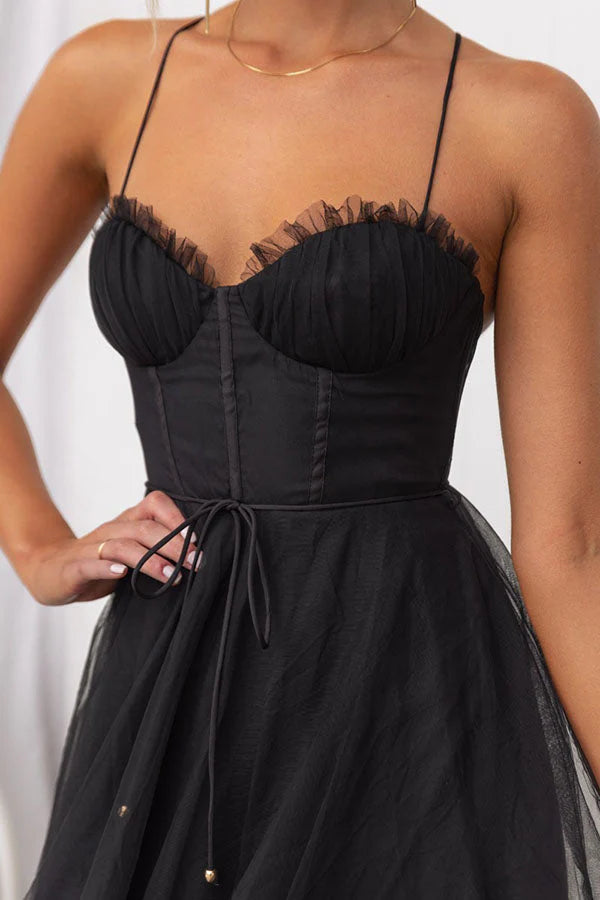 Women's Corset Midi Dress With Tulle Skirt & Spaghetti Straps
