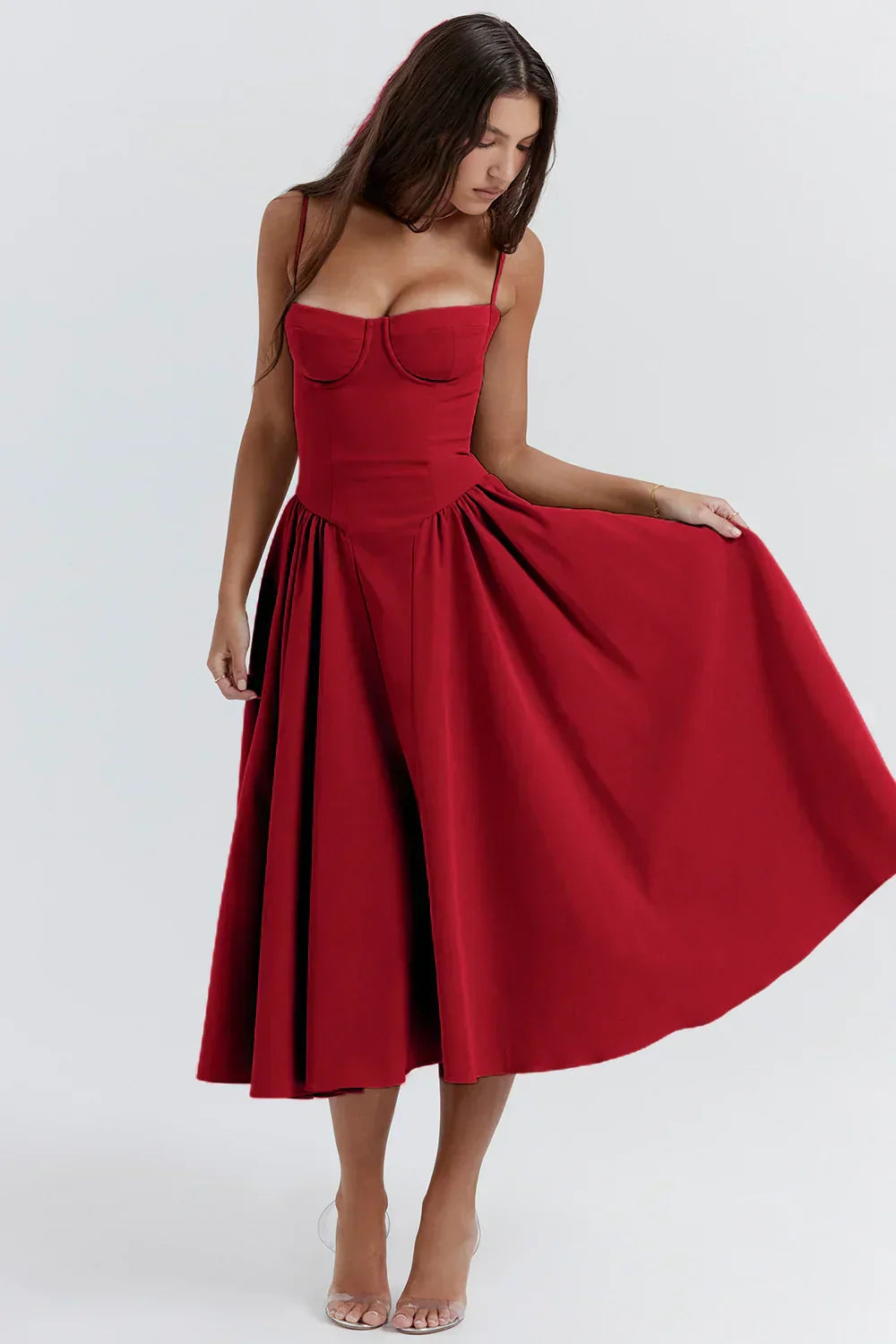 Women's Summer Midi Dress With Strapless Neckline & Pleated Skirt