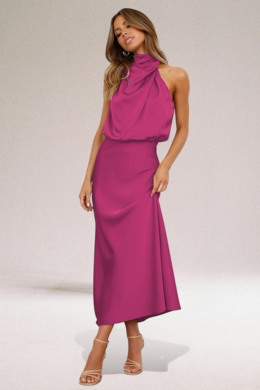 Women's Satin Maxi Dress With Halter Neckline