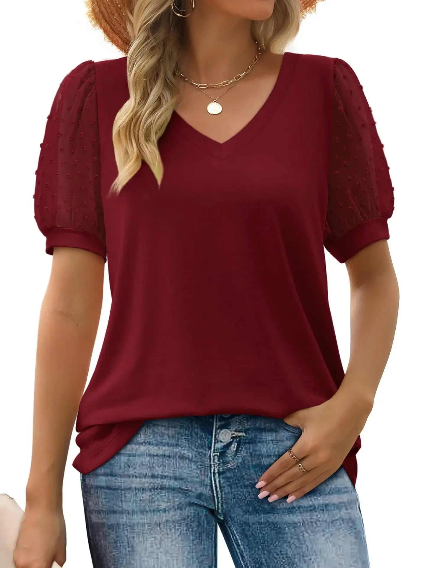 Women's Elegant V-neck Blouse With Sheer Puff Sleeves